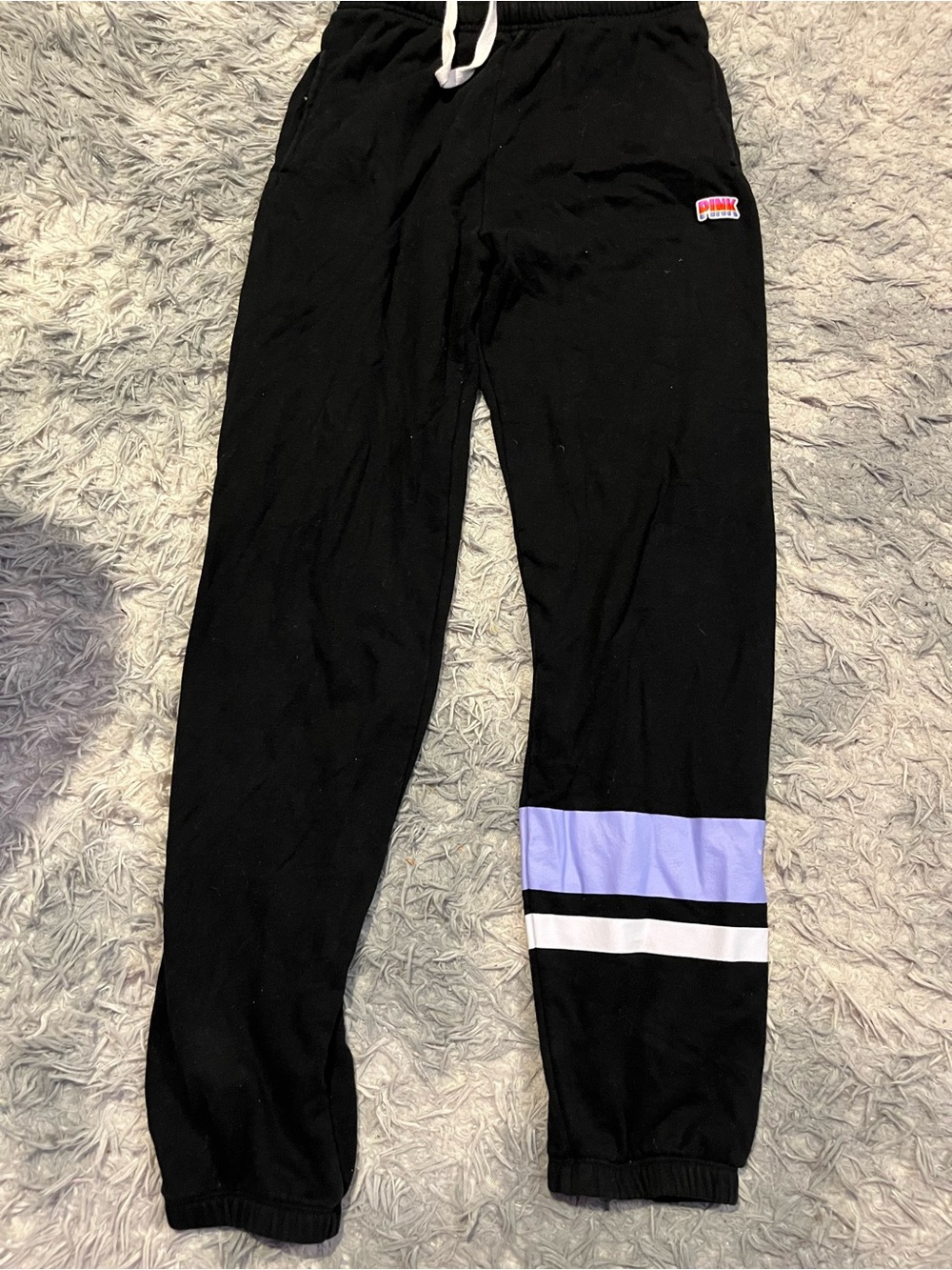 PINK Victoria's Secret Black Joggers with Lavender & White Leg Stripes